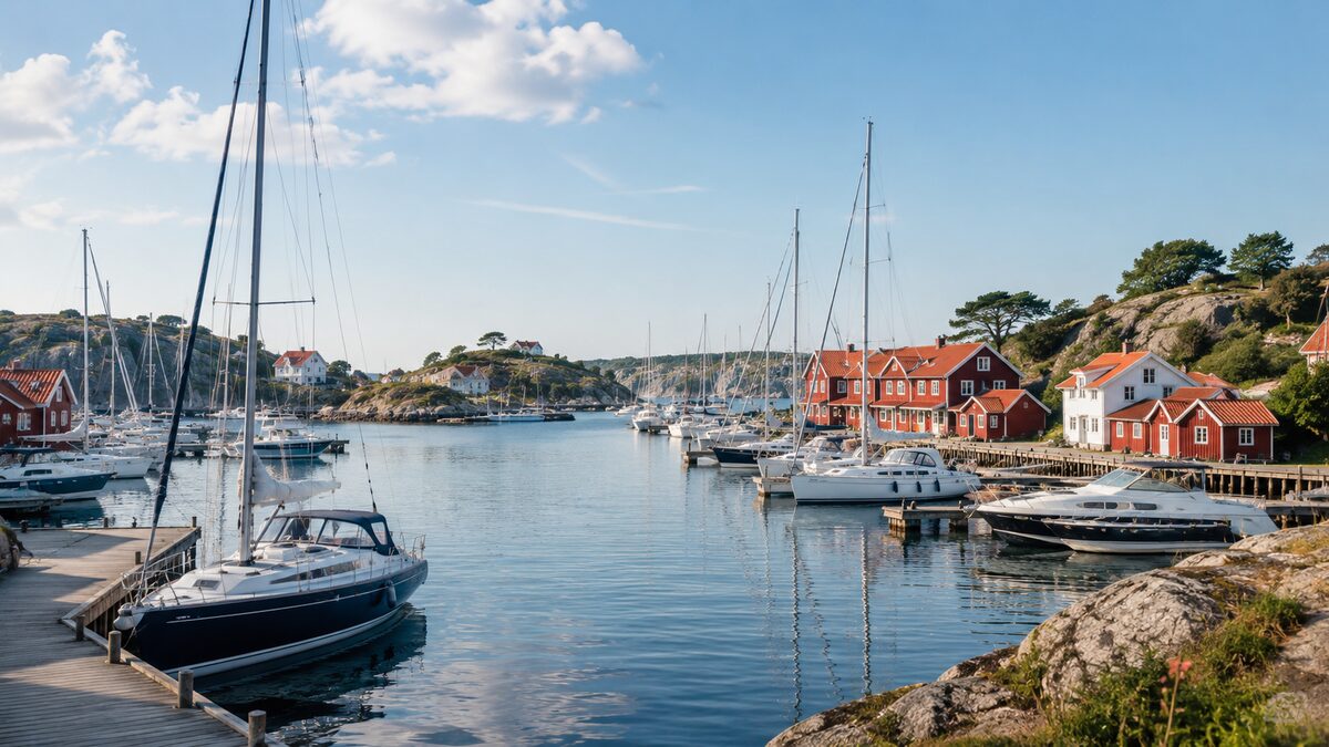 Nordisk skärgårdshamn med segelbåtar, klippor och röda trähus