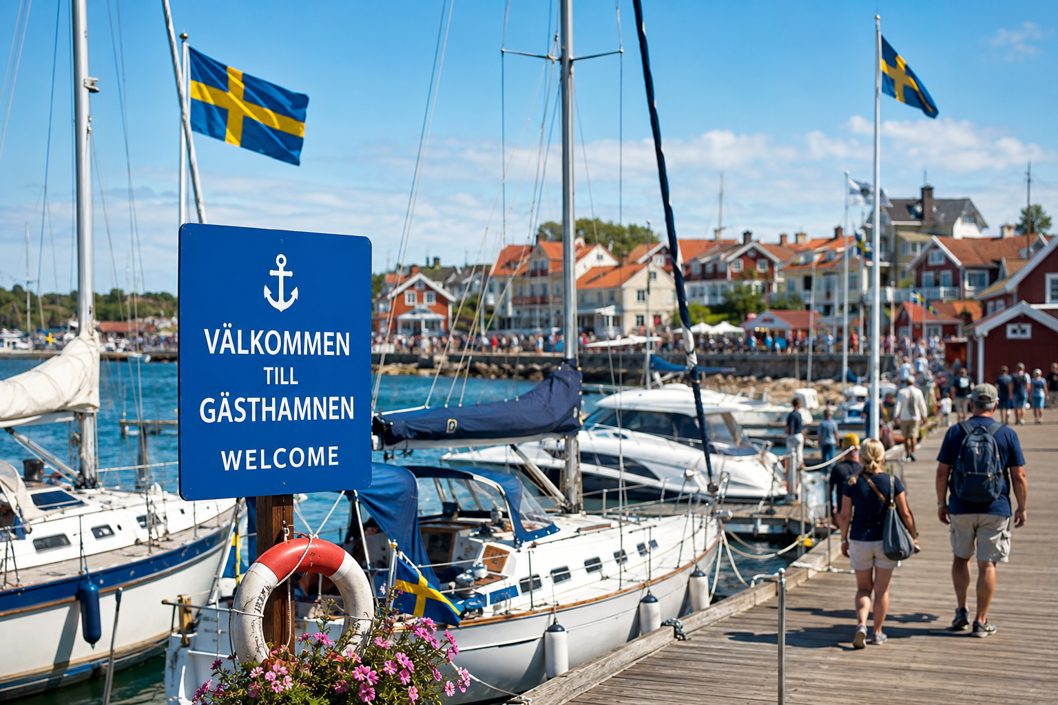 Blue Välkommen till Gästhamnen Welcome sign at a Swedish guest harbour with a full quay and a life ring