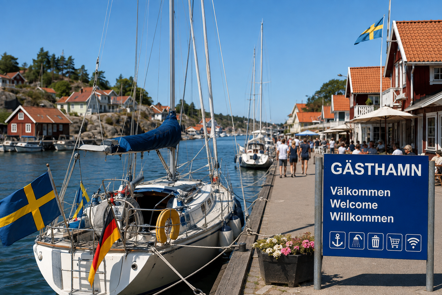 Sailing yacht with a German flag at the quay in a Swedish guest harbour, multilingual GÄSTHAMN sign with Välkommen/Welcome/Willkommen