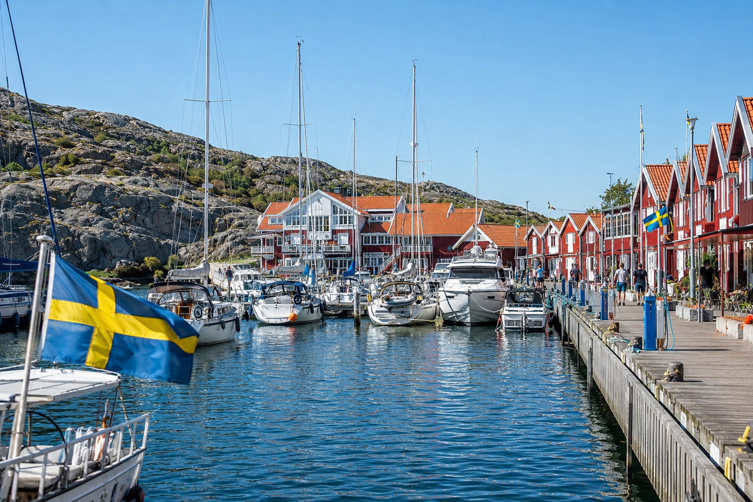 Bohuslän-style Swedish guest harbour with red timber sheds along the quay, motorboats and sailing yachts, rocky coast in the background