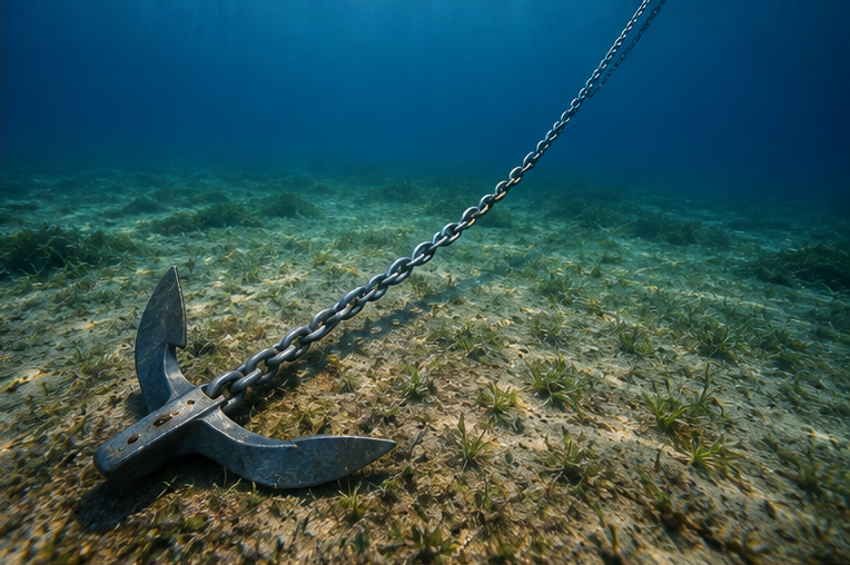 Unterwasserfoto eines Ankers, der sich in Sandgrund mit Seegras gesetzt hat